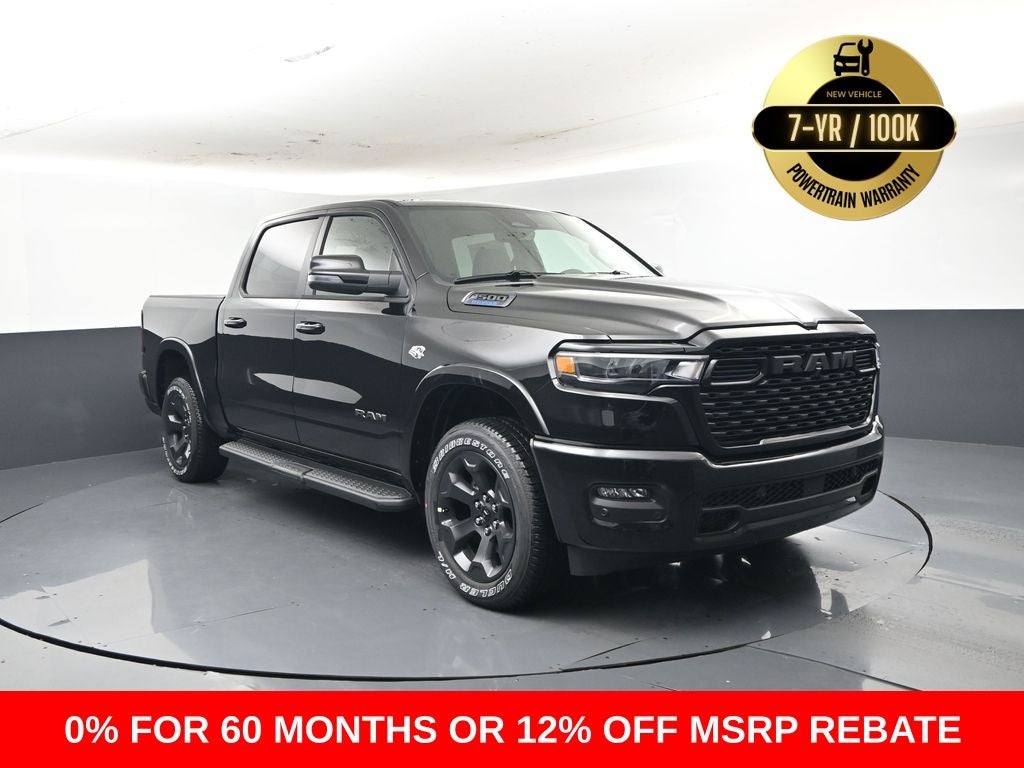 2026 RAM Ram 1500 RAM 1500 BIG HORN CREW CAB 4X4 5'7' BOX in Diamond Black Crystal Pearl-Coat Exterior Paint — front three-quarter view