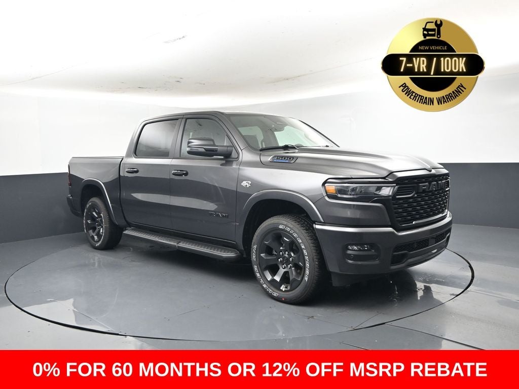 2026 RAM Ram 1500 RAM 1500 BIG HORN CREW CAB 4X4 5'7' BOX in Granite Crystal Metallic Clear-Coat Exterior Paint — front three-quarter view