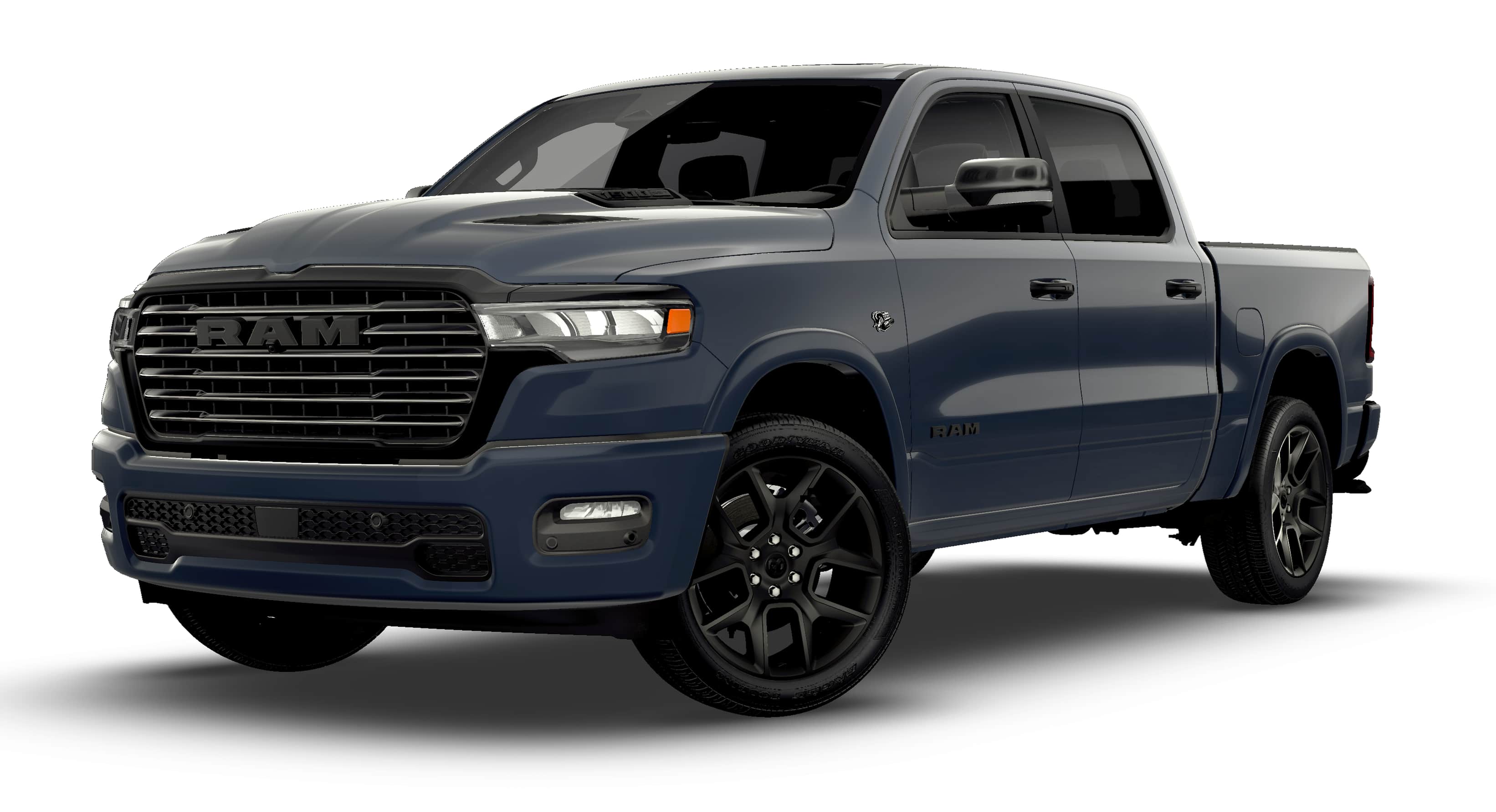 2026 RAM Ram 1500 RAM 1500 LARAMIE CREW CAB 4X4 5'7' BOX in Forged Blue Metallic Exterior Paint — front three-quarter view